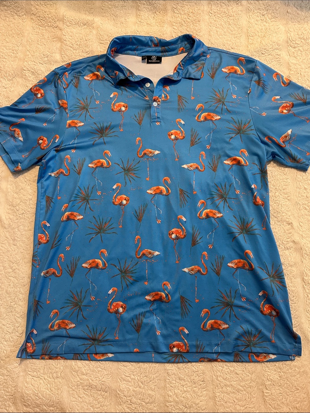 Golf Polo with Orange Flamingo Print - Blue